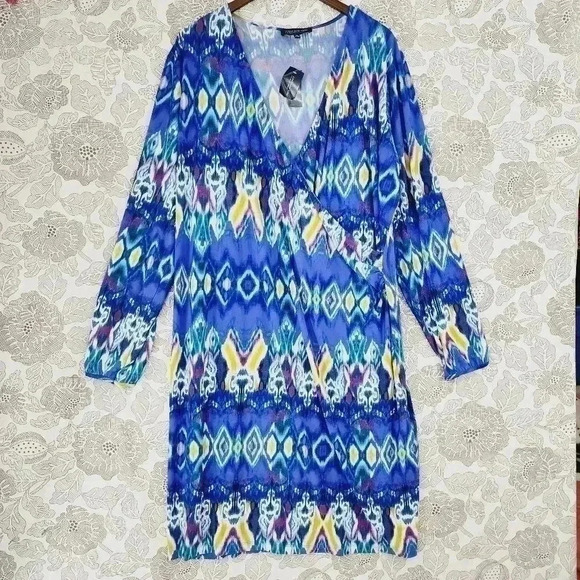 NWT Jones New York Wrap Aztec Long sleeve Midi Shift Dress 3X  Unlined - Picture 1 of 9